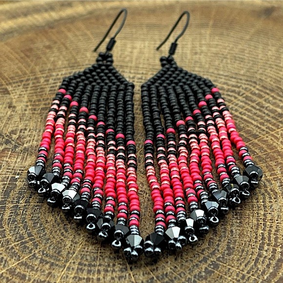 Seed Bead Fringe Dangle Earrings Watermelon Pink Gunmetal Black Glass Crystals - Picture 3 of 10